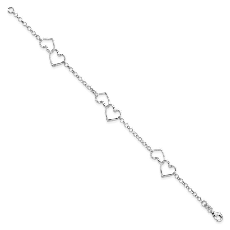 7.25 Inch Sterling Silver Rhodium Plated Heart Bracelet