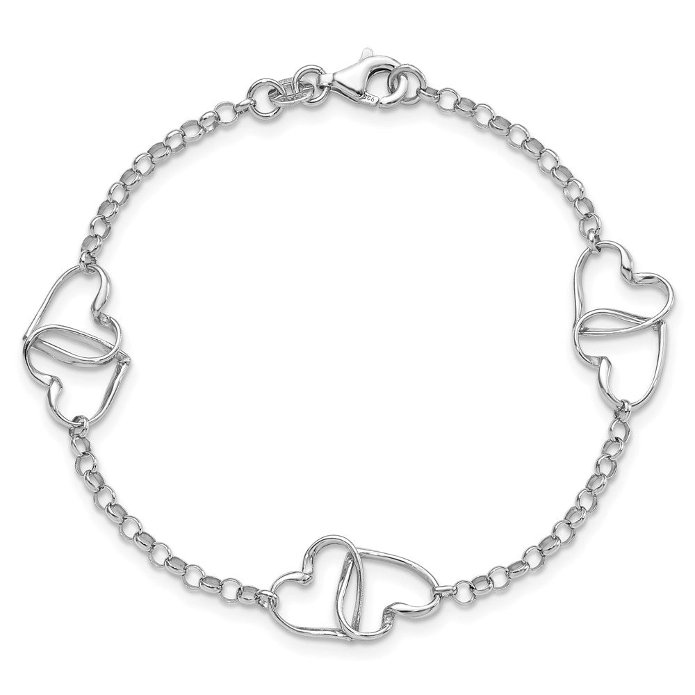 7.25 Inch Sterling Silver Rhodium Plated Heart Bracelet