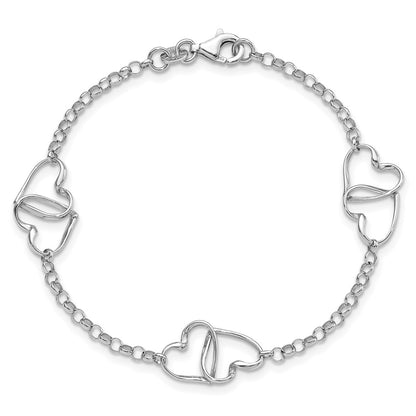 7.25 Inch Sterling Silver Rhodium Plated Heart Bracelet