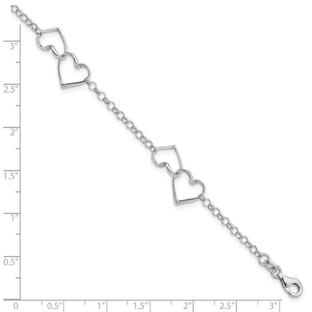 7.25 Inch Sterling Silver Rhodium Plated Heart Bracelet