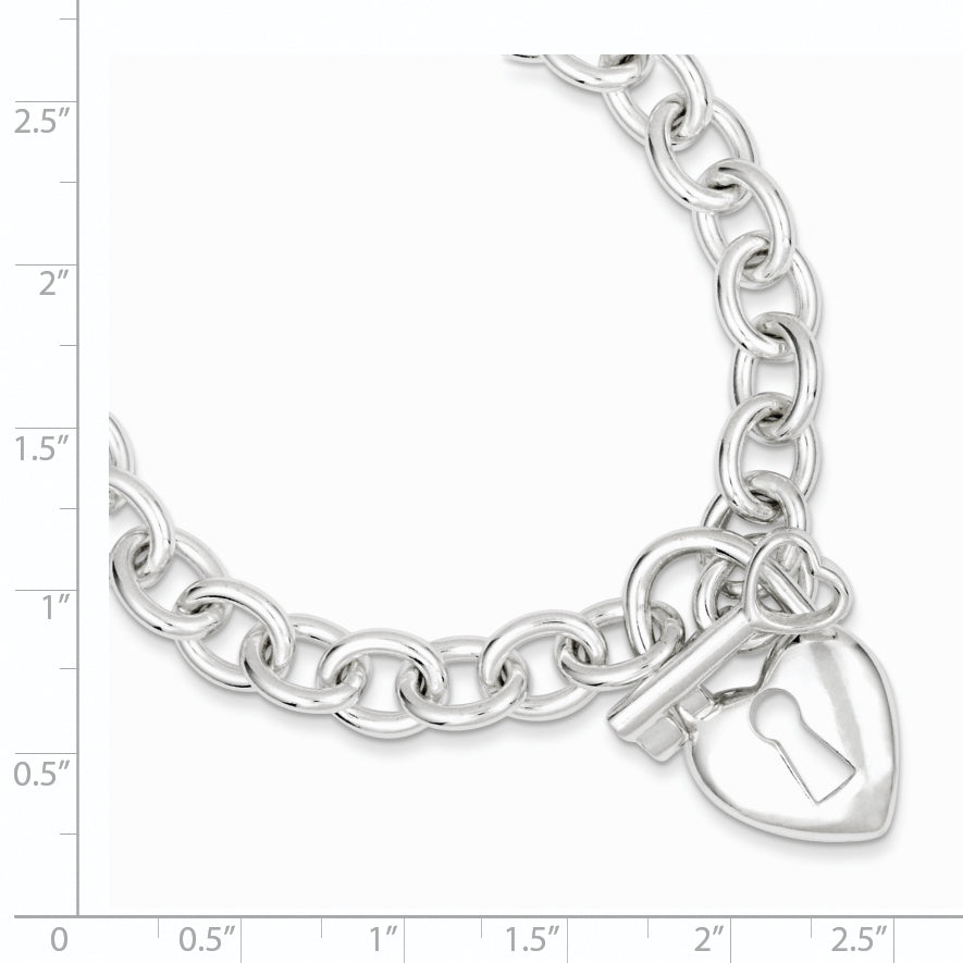 7.5 Inch Sterling Silver Polished Heart And Key Bracelet