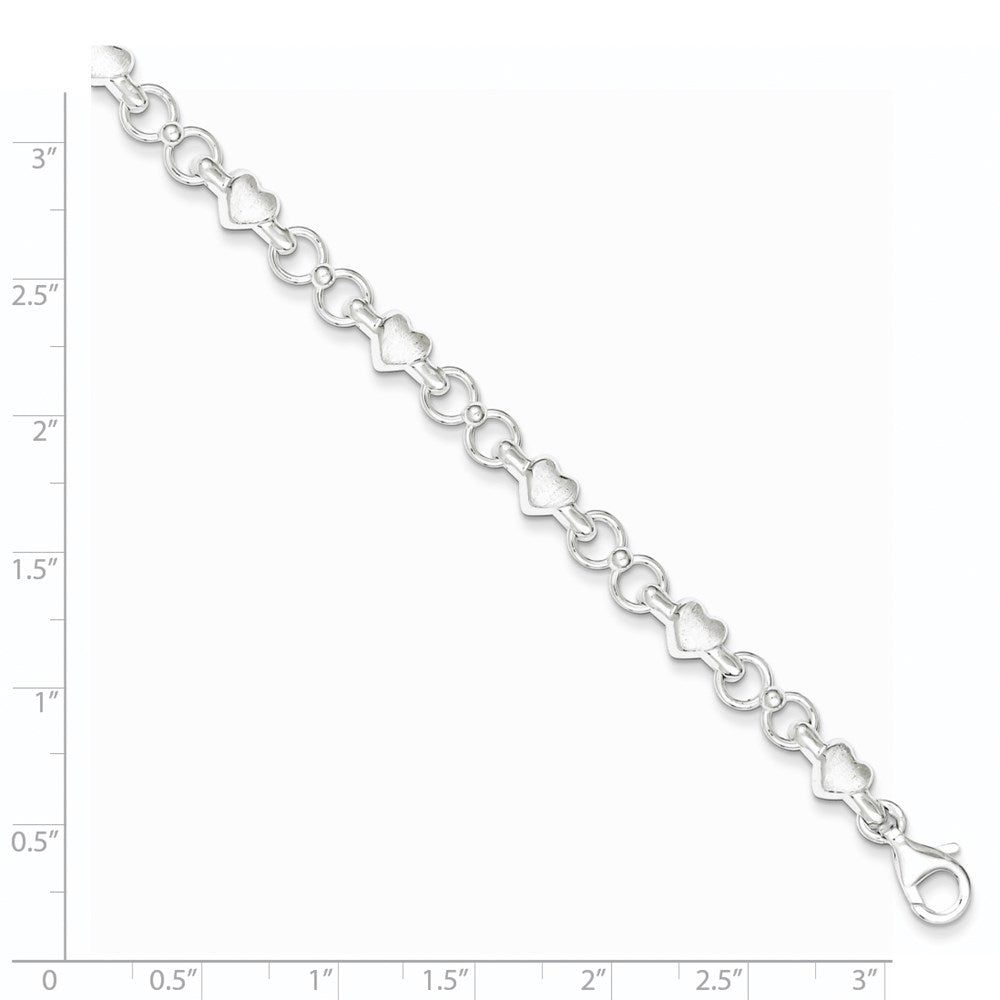 7.5 Inch Sterling Silver Polished And Brushed Hearts Circles Bracelet