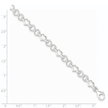 7.5 Inch Sterling Silver Polished And Brushed Hearts Circles Bracelet