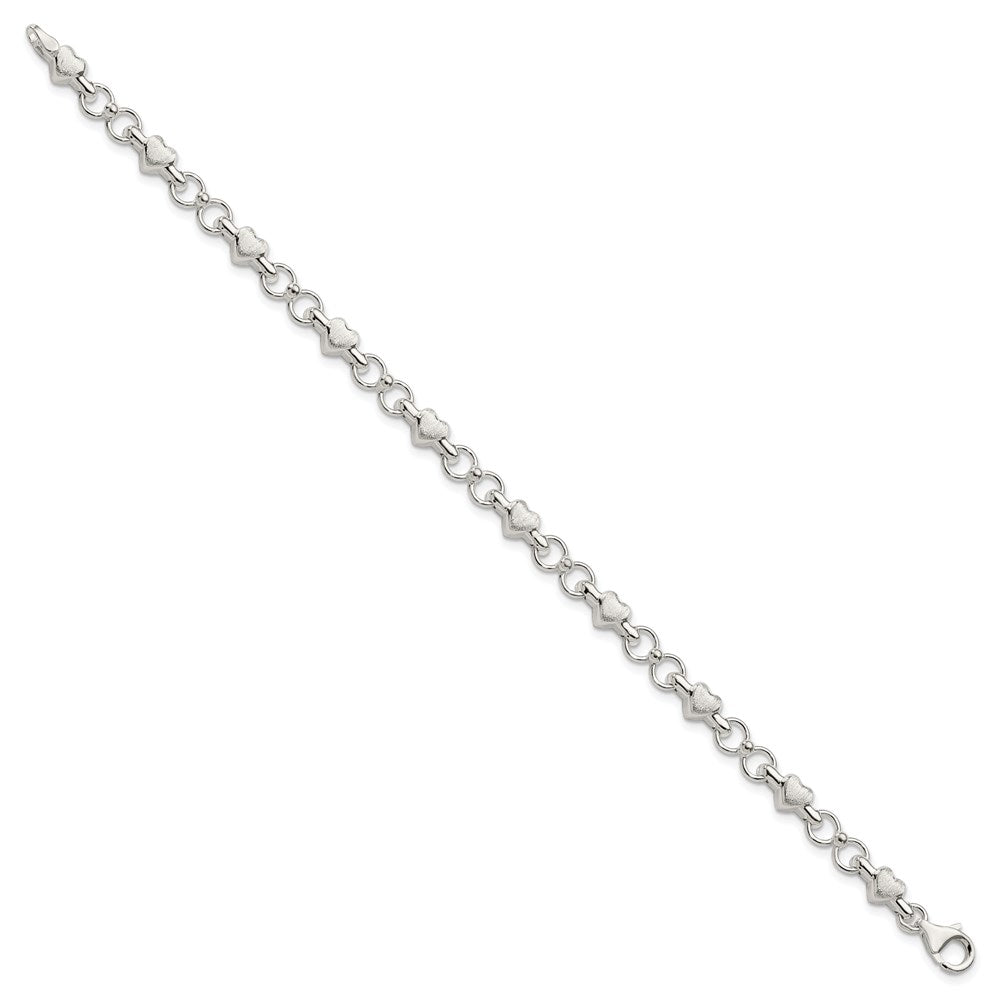 7.5 Inch Sterling Silver Polished And Brushed Hearts Circles Bracelet