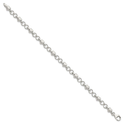 7.5 Inch Sterling Silver Polished And Brushed Hearts Circles Bracelet