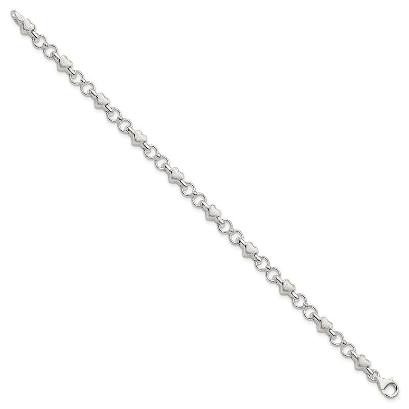 7.5 Inch Sterling Silver Polished And Brushed Hearts Circles Bracelet