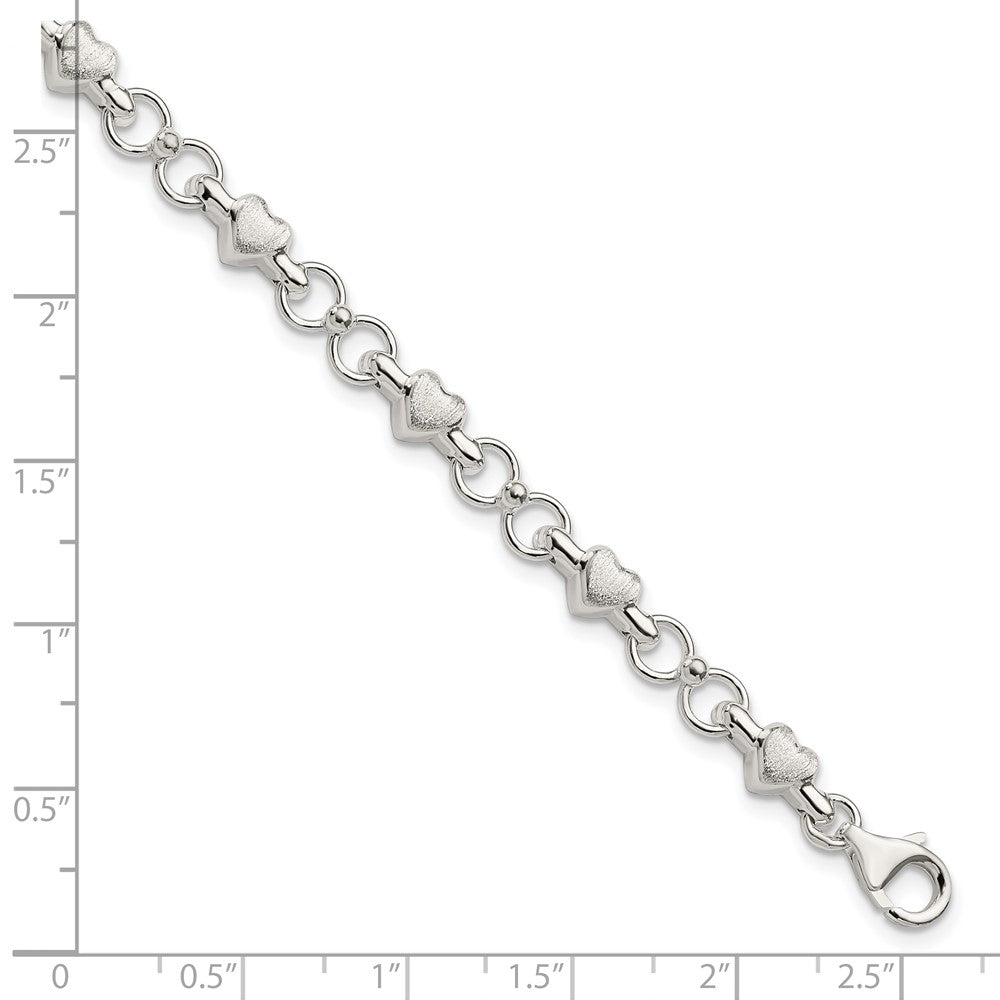 7.5 Inch Sterling Silver Polished And Brushed Hearts Circles Bracelet