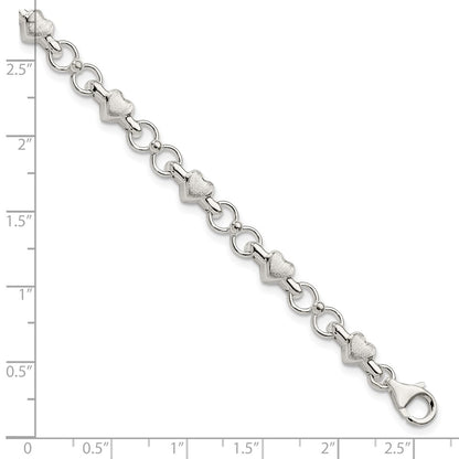 7.5 Inch Sterling Silver Polished And Brushed Hearts Circles Bracelet