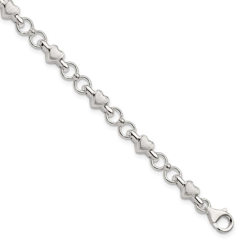 7.5 Inch Sterling Silver Polished And Brushed Hearts Circles Bracelet