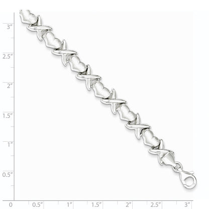 8 Inch Sterling Silver Polished And Satin X Hearts Bracelet
