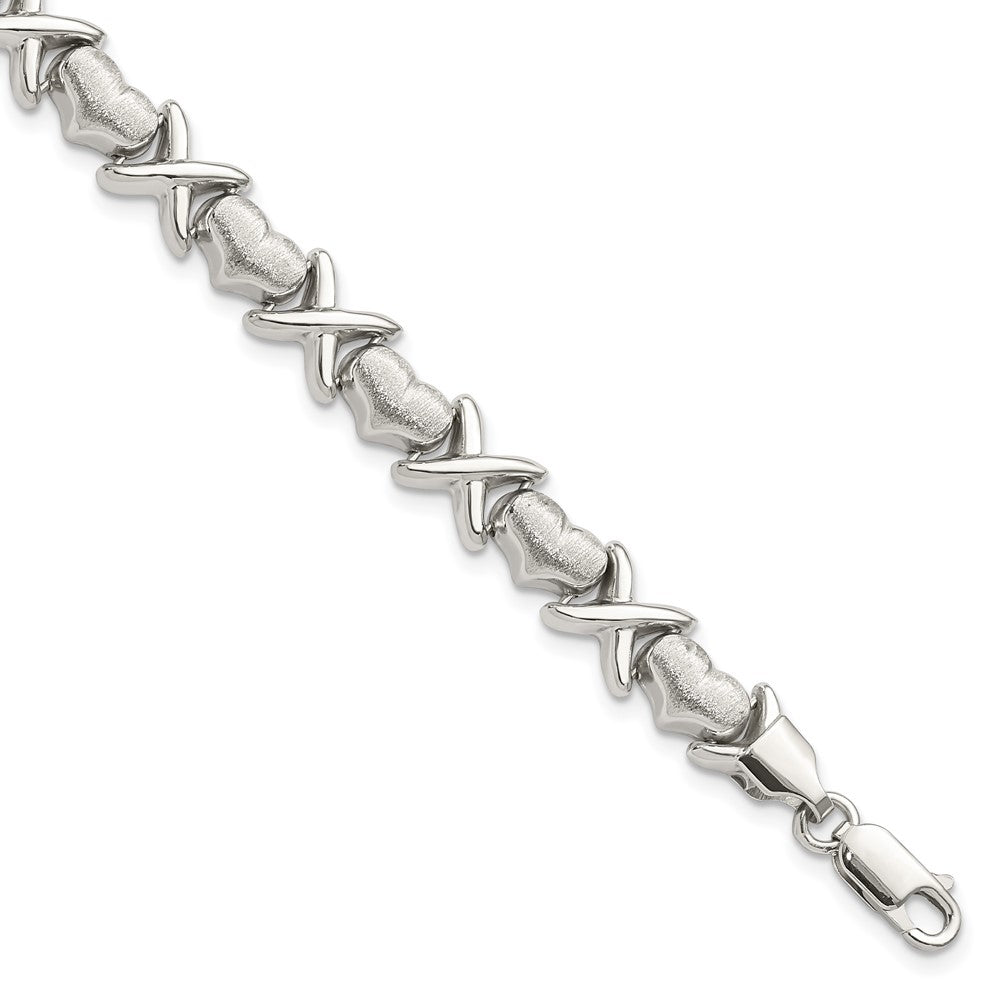 8 Inch Sterling Silver Polished And Satin X Hearts Bracelet