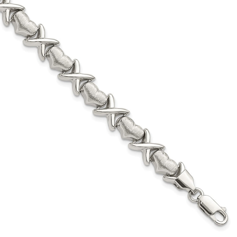 8 Inch Sterling Silver Polished And Satin X Hearts Bracelet