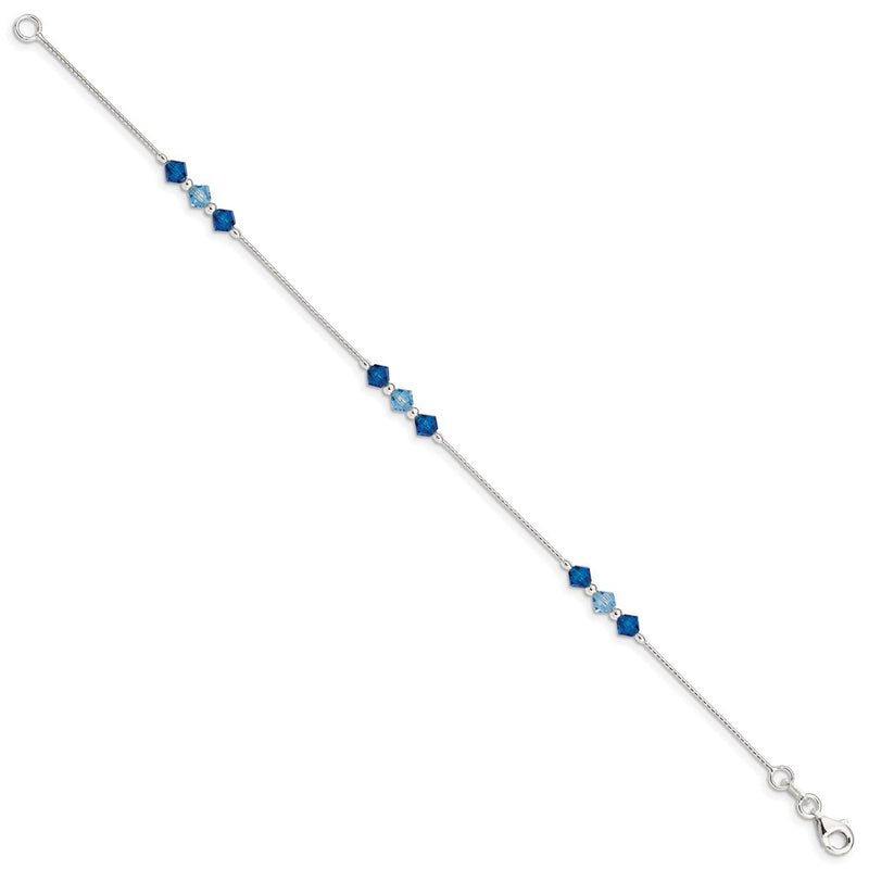 7.5 Inch Sterling Silver Polished Aquamarine Capri Blue Glass Bead Bracelet