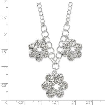 Sterling Silver Polished Filigree Flower W/ 2In Ext Necklace