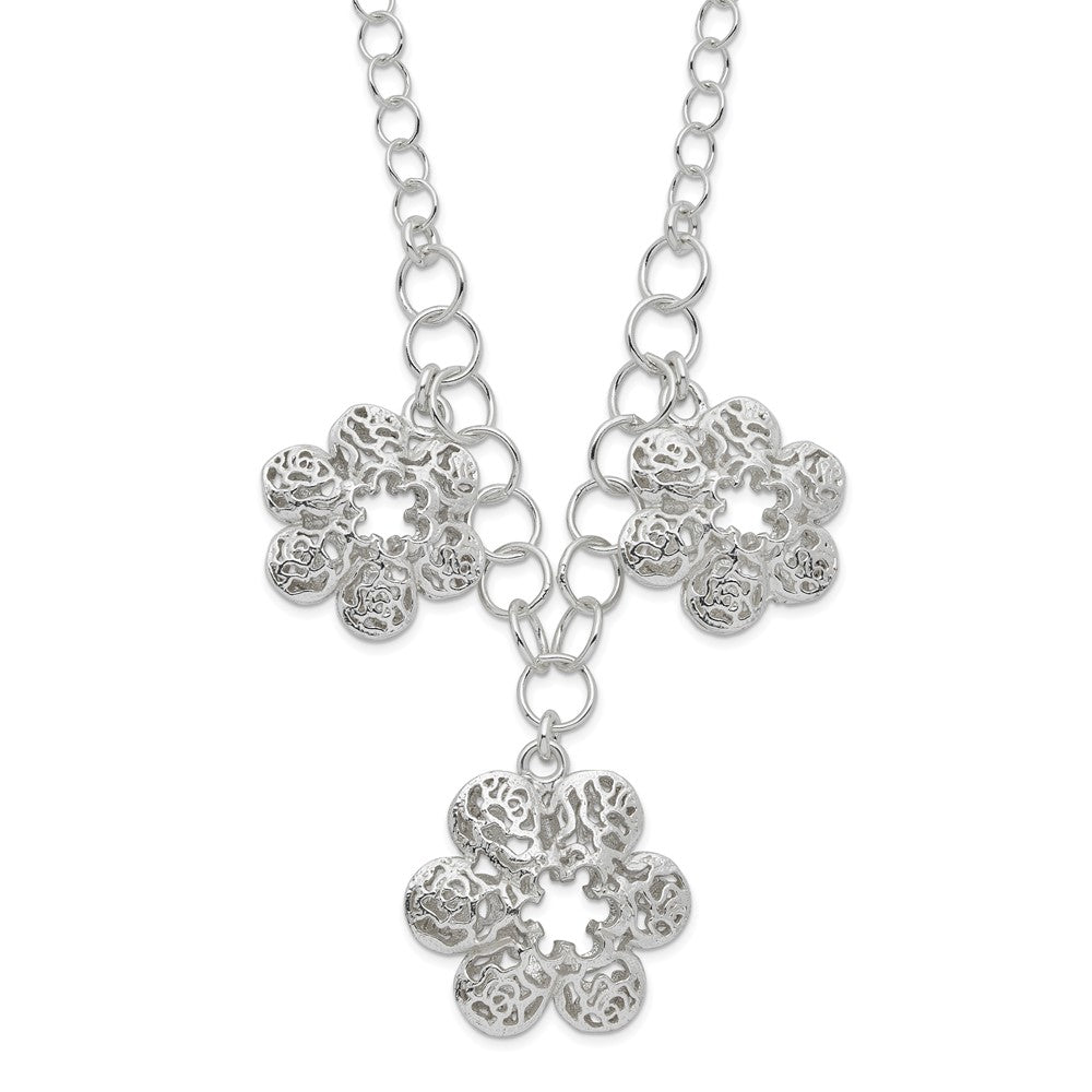 Sterling Silver Polished Filigree Flower W/ 2In Ext Necklace