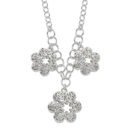 Sterling Silver Polished Filigree Flower W/ 2In Ext Necklace