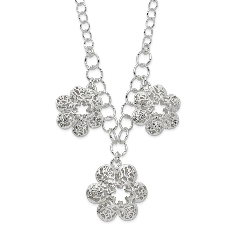 Sterling Silver Polished Filigree Flower W/ 2In Ext Necklace