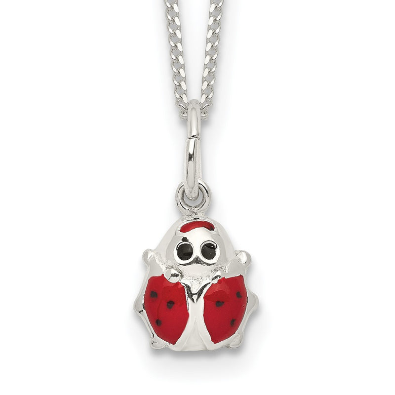 Sterling Silver Polished Black & Red Enameled Ladybug Children'S Necklace