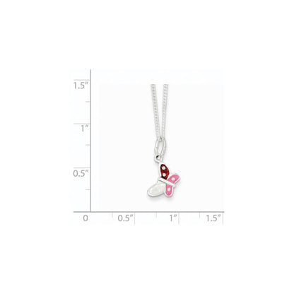 Sterling Silver Polished Pink, Red And White Enameled Butterfly Children'S Necklace