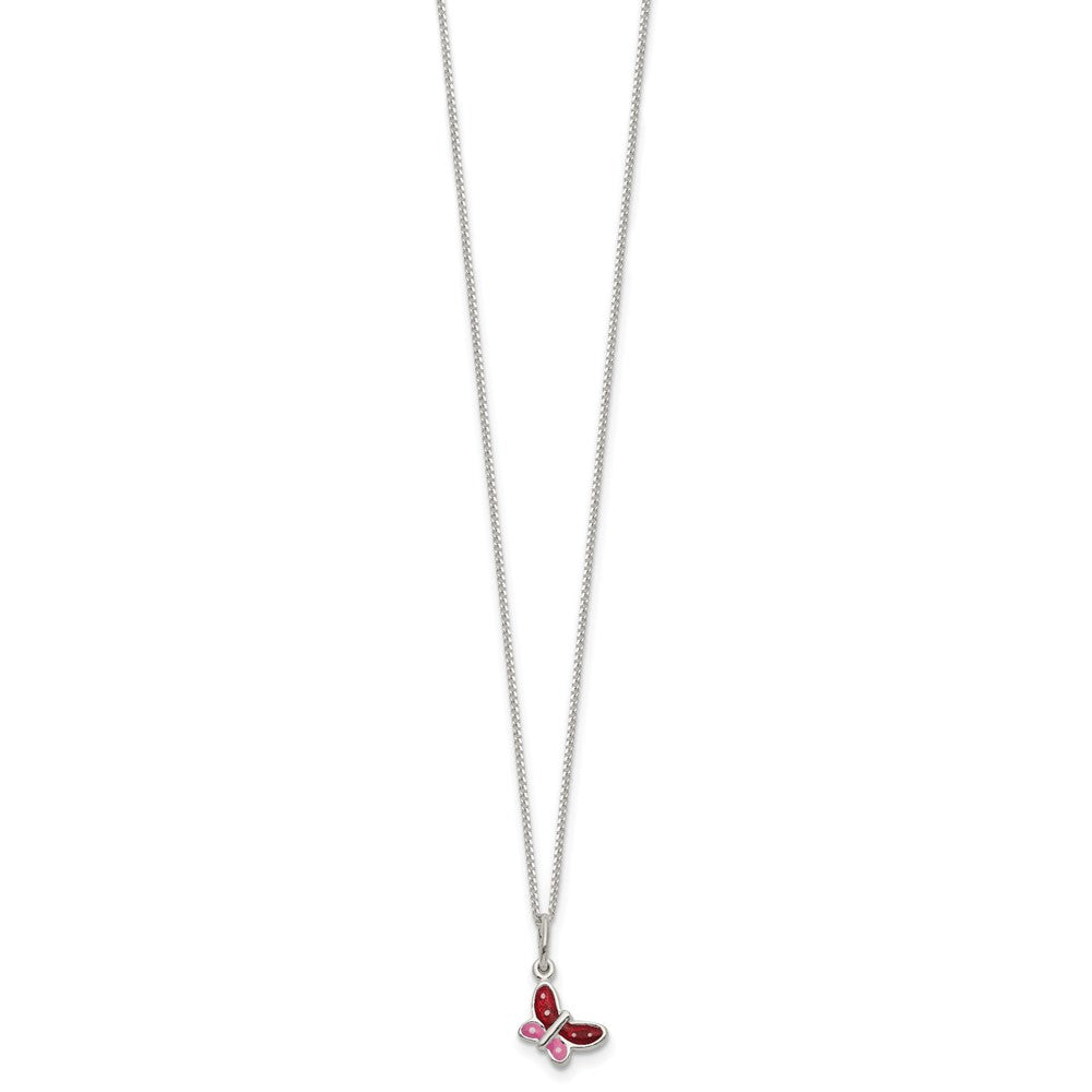 Sterling Silver Polished Pink, Red And White Enameled Butterfly Children'S Necklace