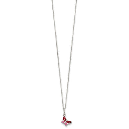 Sterling Silver Polished Pink, Red And White Enameled Butterfly Children'S Necklace