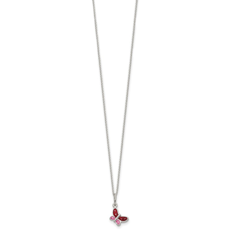 Sterling Silver Polished Pink, Red And White Enameled Butterfly Children'S Necklace