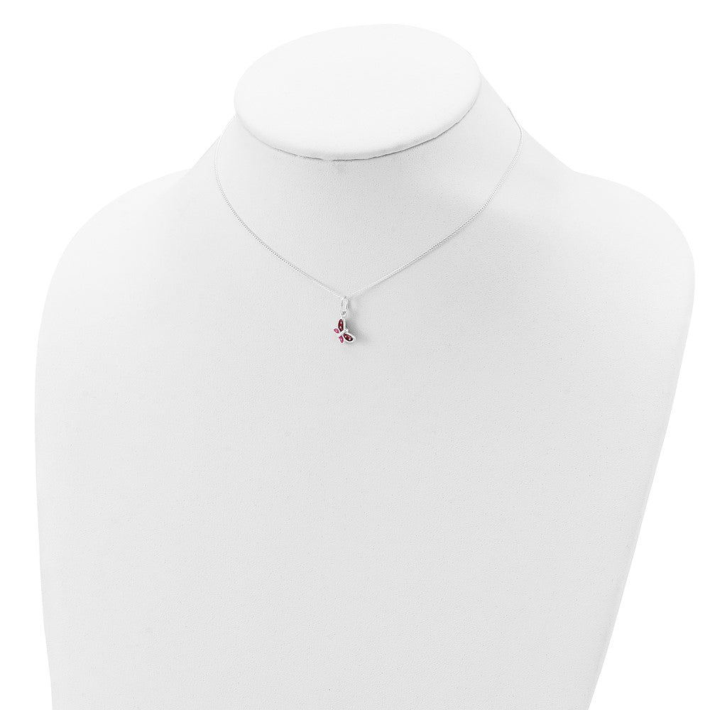 Sterling Silver Polished Pink, Red And White Enameled Butterfly Children'S Necklace