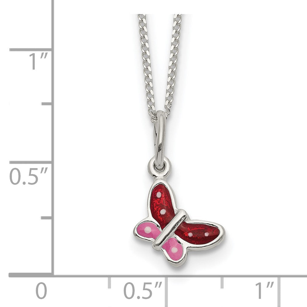 Sterling Silver Polished Pink, Red And White Enameled Butterfly Children'S Necklace