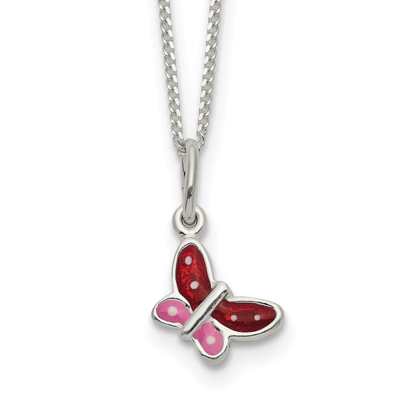 Sterling Silver Polished Pink, Red And White Enameled Butterfly Children'S Necklace