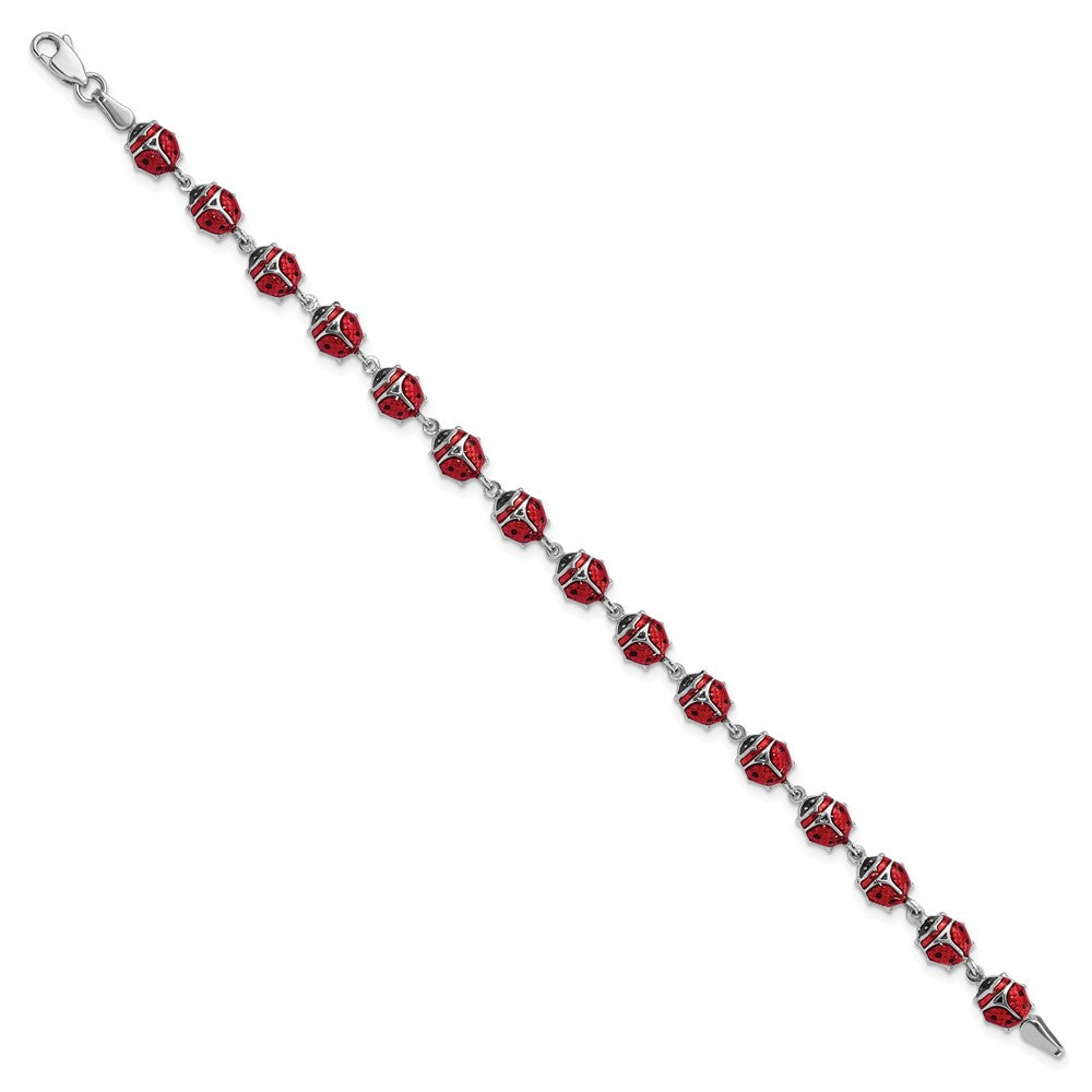 7 Inch Sterling Silver Rhodium Polished Enameled Lady Bug Bracelet