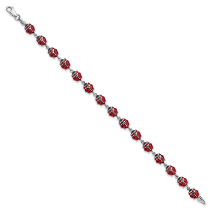 7 Inch Sterling Silver Rhodium Polished Enameled Lady Bug Bracelet