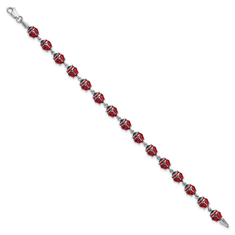 7 Inch Sterling Silver Rhodium Polished Enameled Lady Bug Bracelet