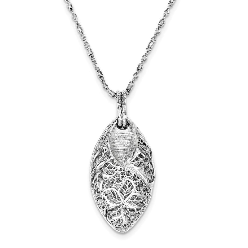Sterling Silver Rhodium Plated Flower & Leaves W/ 2In Ext. Necklace