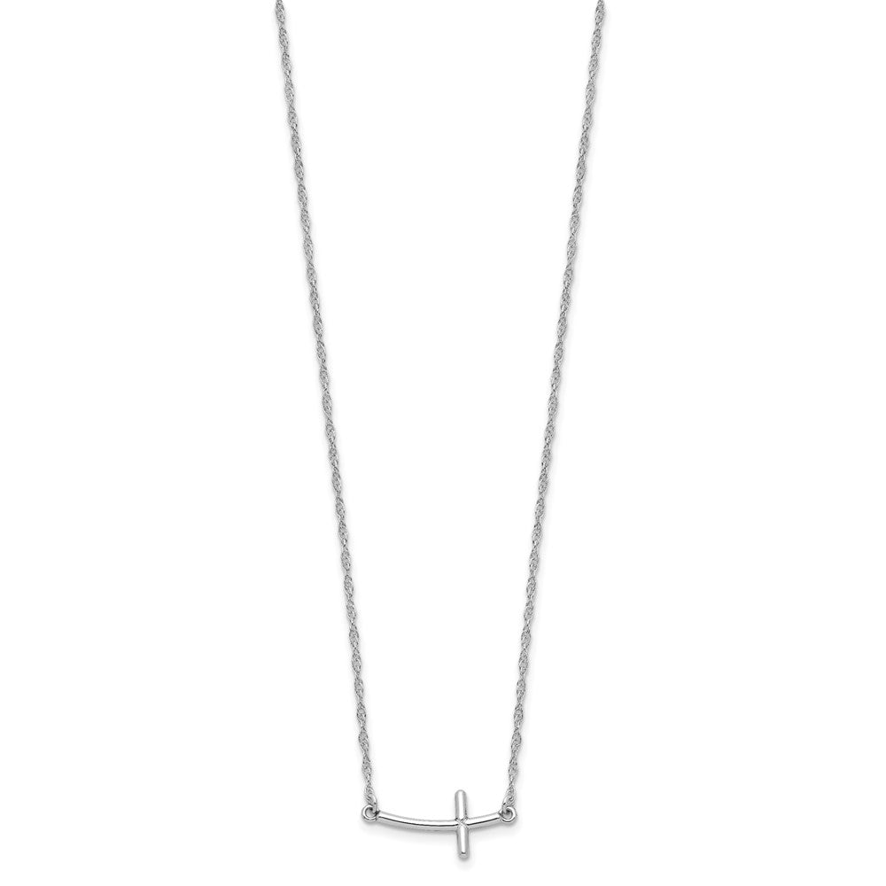 Sterling Silver Rhodium-Plated Small Sideways Curved Cross Necklace