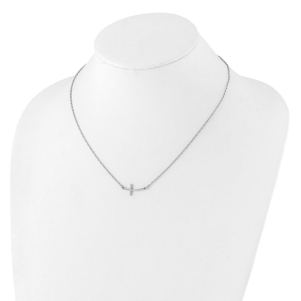 Sterling Silver Rhodium-Plated Small Sideways Curved Cross Necklace