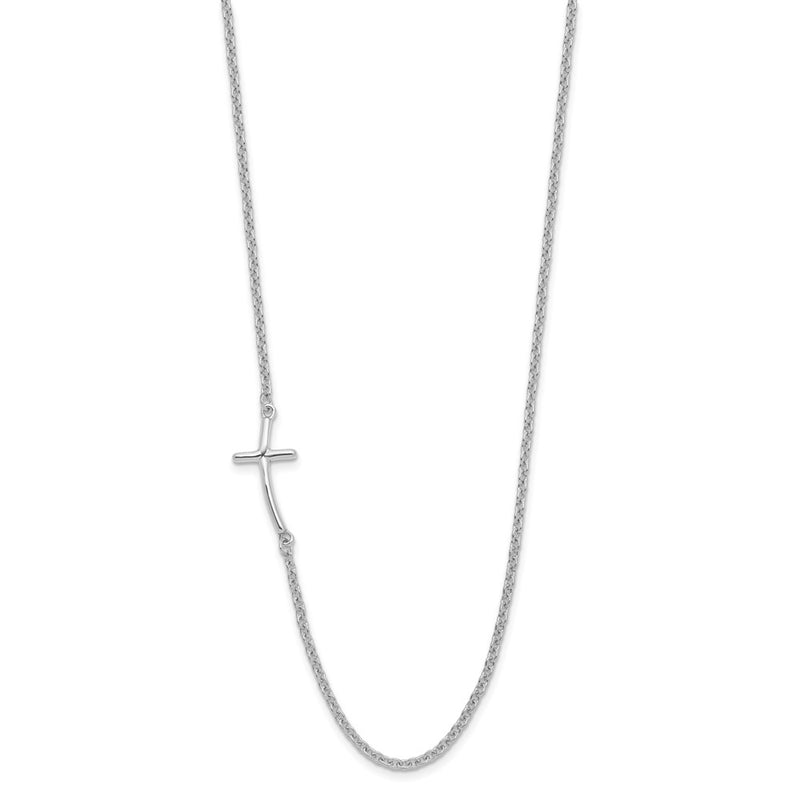Sterling Silver Rh-Plated Small Off-Set Sideways Curved Cross Necklace