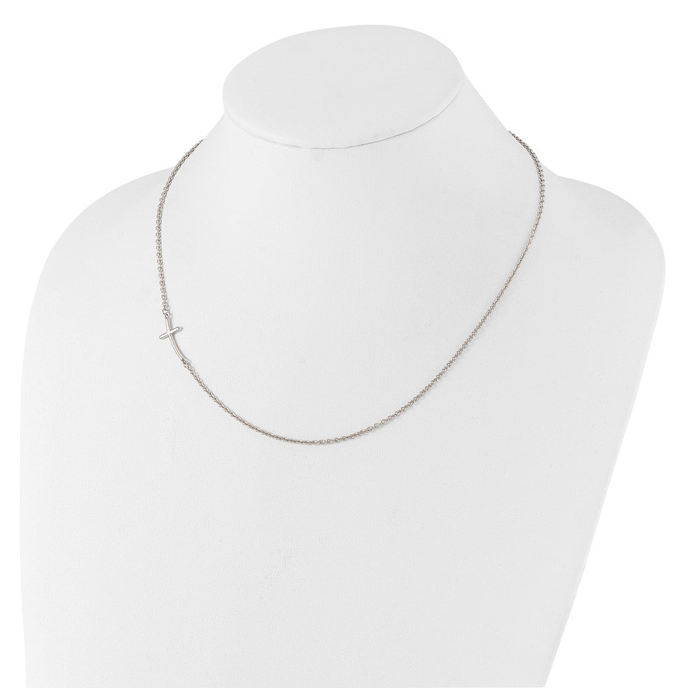 Sterling Silver Rh-Plated Small Off-Set Sideways Curved Cross Necklace