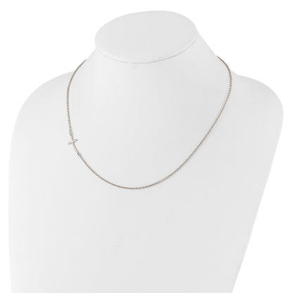 Sterling Silver Rh-Plated Small Off-Set Sideways Curved Cross Necklace