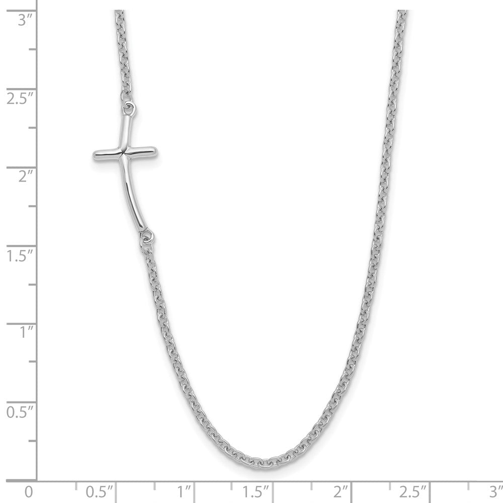 Sterling Silver Rh-Plated Small Off-Set Sideways Curved Cross Necklace