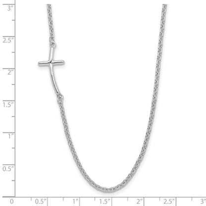 Sterling Silver Rh-Plated Small Off-Set Sideways Curved Cross Necklace