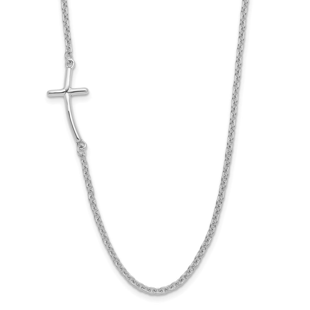 Sterling Silver Rh-Plated Small Off-Set Sideways Curved Cross Necklace