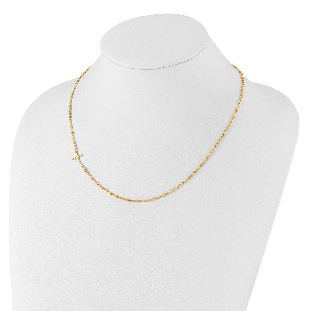 Sterling Silver Yg-Plated Small Off-Set Sideways Curved Cross Necklace
