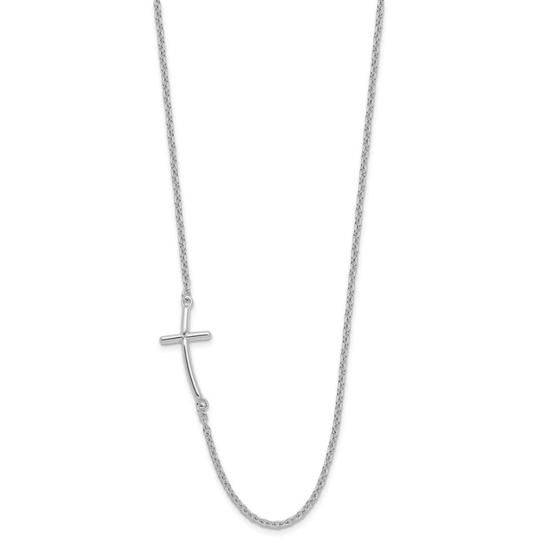 Sterling Silver Rh-Plated Large Off-Set Sideways Curved Cross Necklace