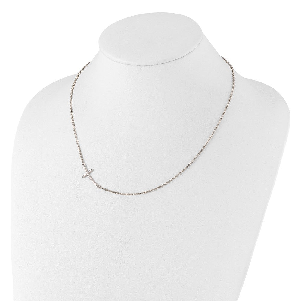 Sterling Silver Rh-Plated Large Off-Set Sideways Curved Cross Necklace