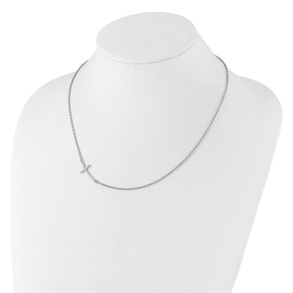 Sterling Silver Rh-Plated Large Off-Set Sideways Curved Cross Necklace