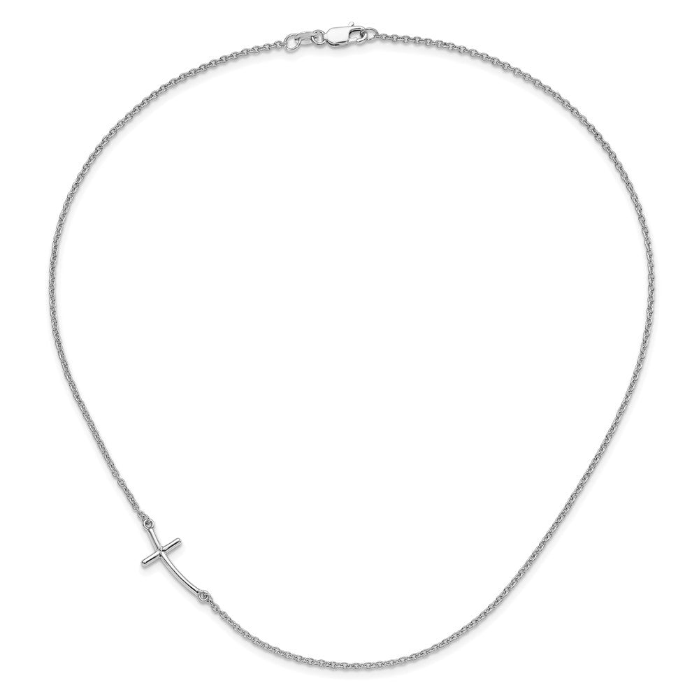 Sterling Silver Rh-Plated Large Off-Set Sideways Curved Cross Necklace