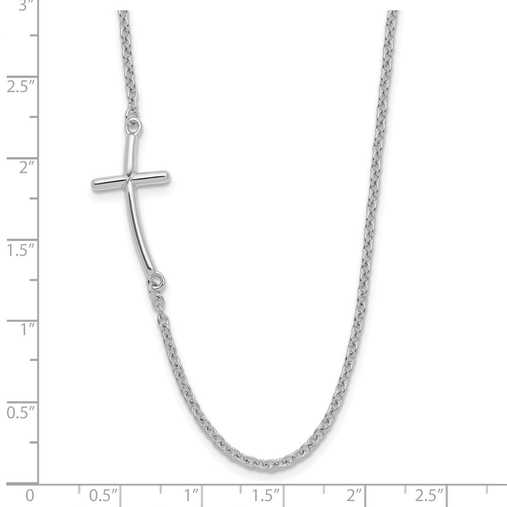 Sterling Silver Rh-Plated Large Off-Set Sideways Curved Cross Necklace