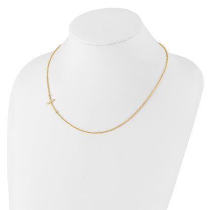 Sterling Silver Yg-Plated Large Off-Set Sideways Curved Cross Necklace