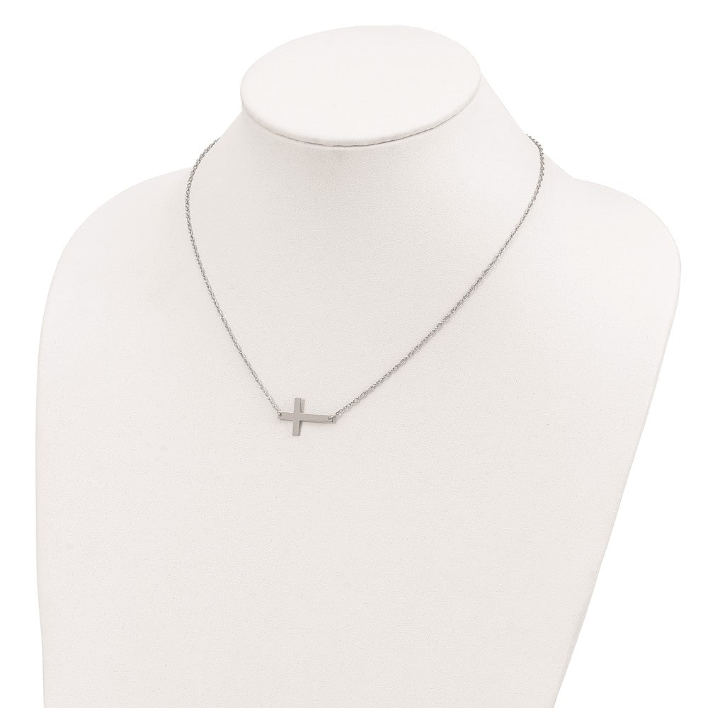 Sterling Silver Rhodium-Plated Large Sideways Cross Necklace