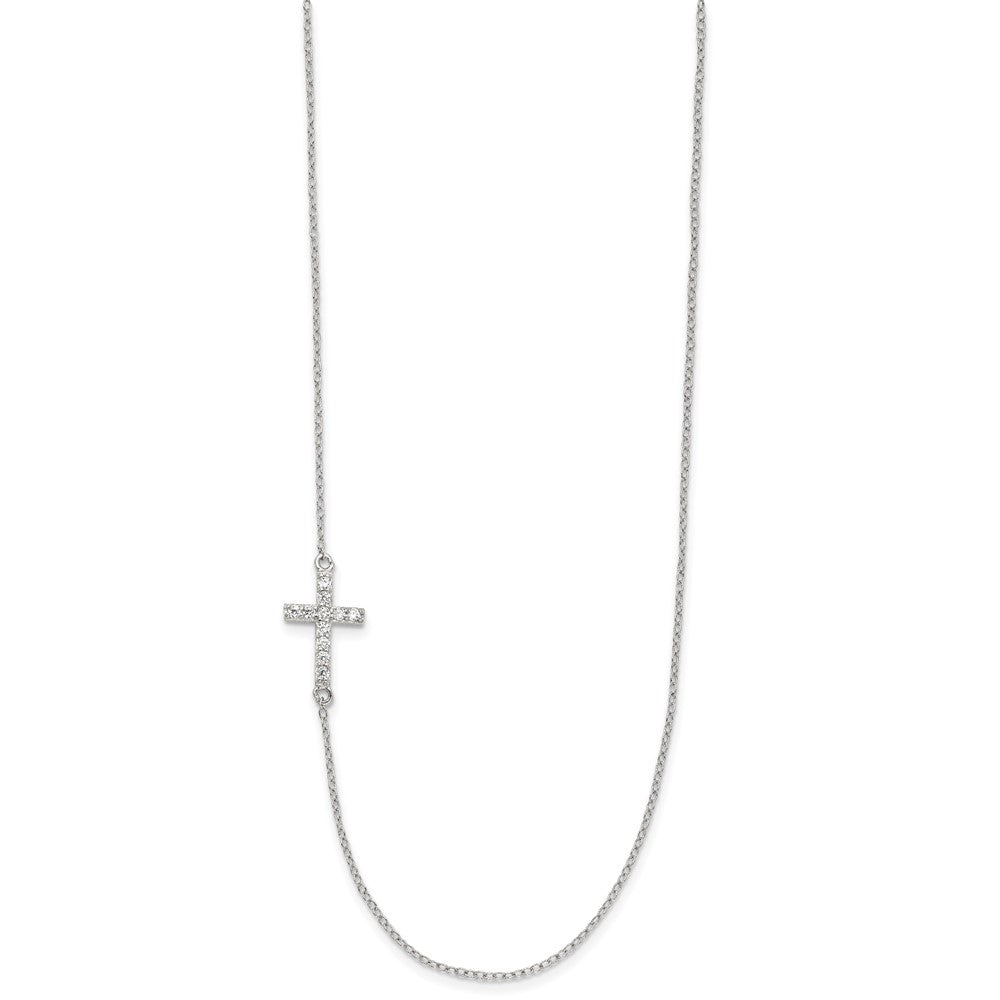 Sterling Silver Rhod-Pltd Cz Offset Sideways Cross W/2In Ext Necklace